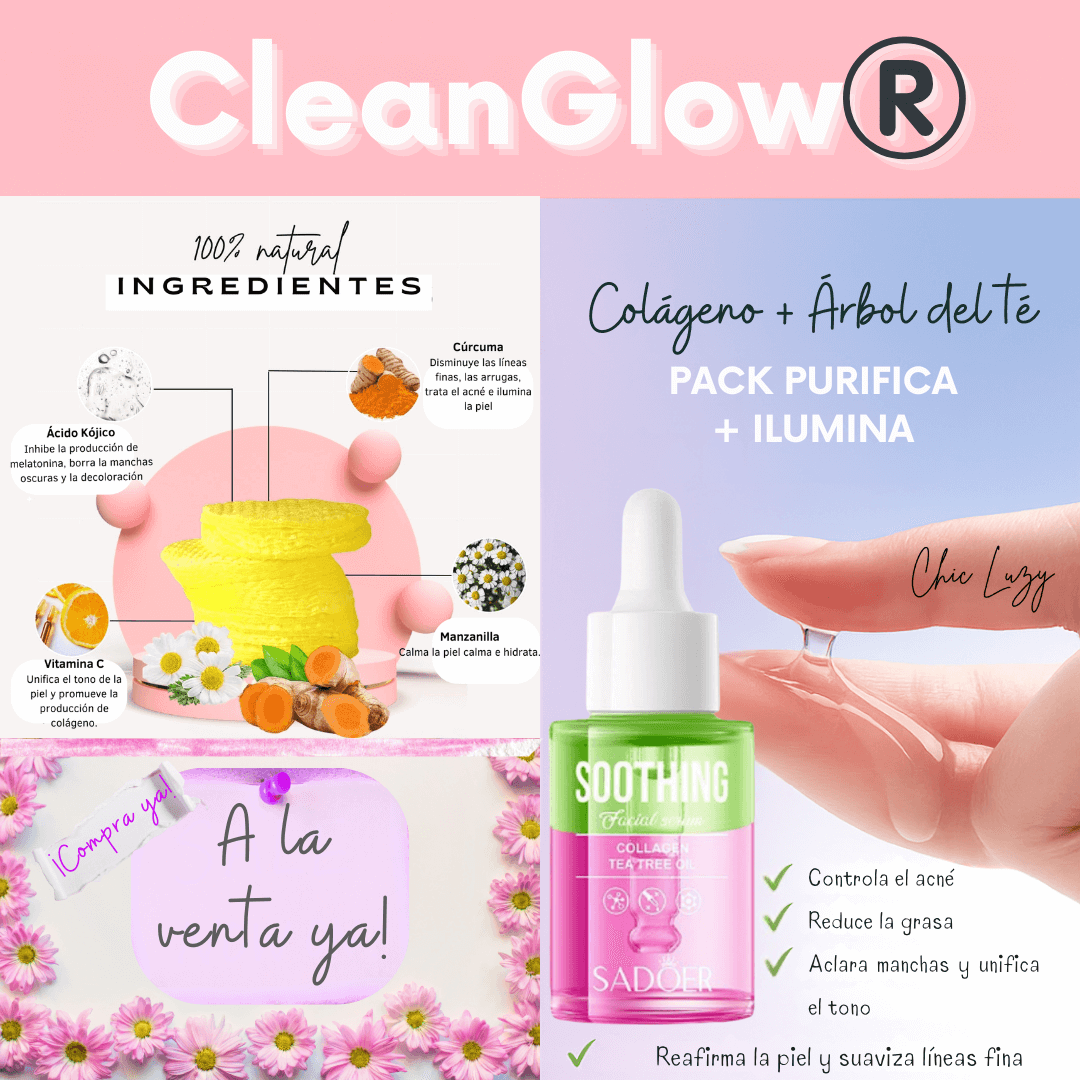 CleanGlow® - Sérum Colágeno y Árbol de Té + REGALO Almohadillas Ácido Kójico y Cúrcuma